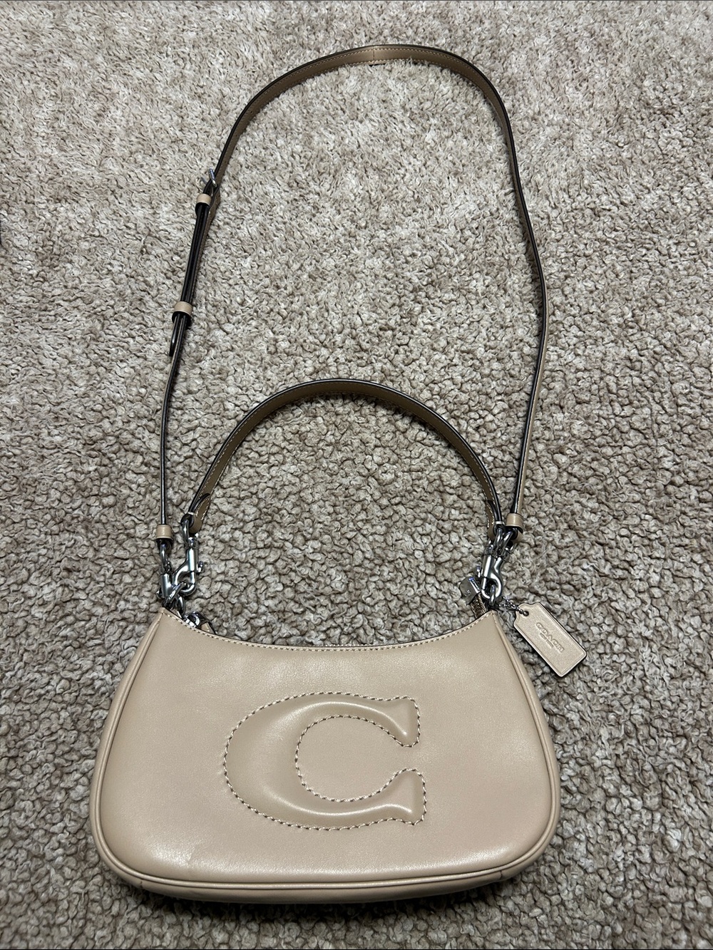 Coach Beige Pebble Leather Mini Shoulder Bag with C Logo